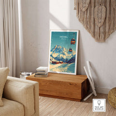 Ischgl Ski Print displayed in a stylish living room with mountain scenery and ski lift design. Perfect for ski enthusiasts.