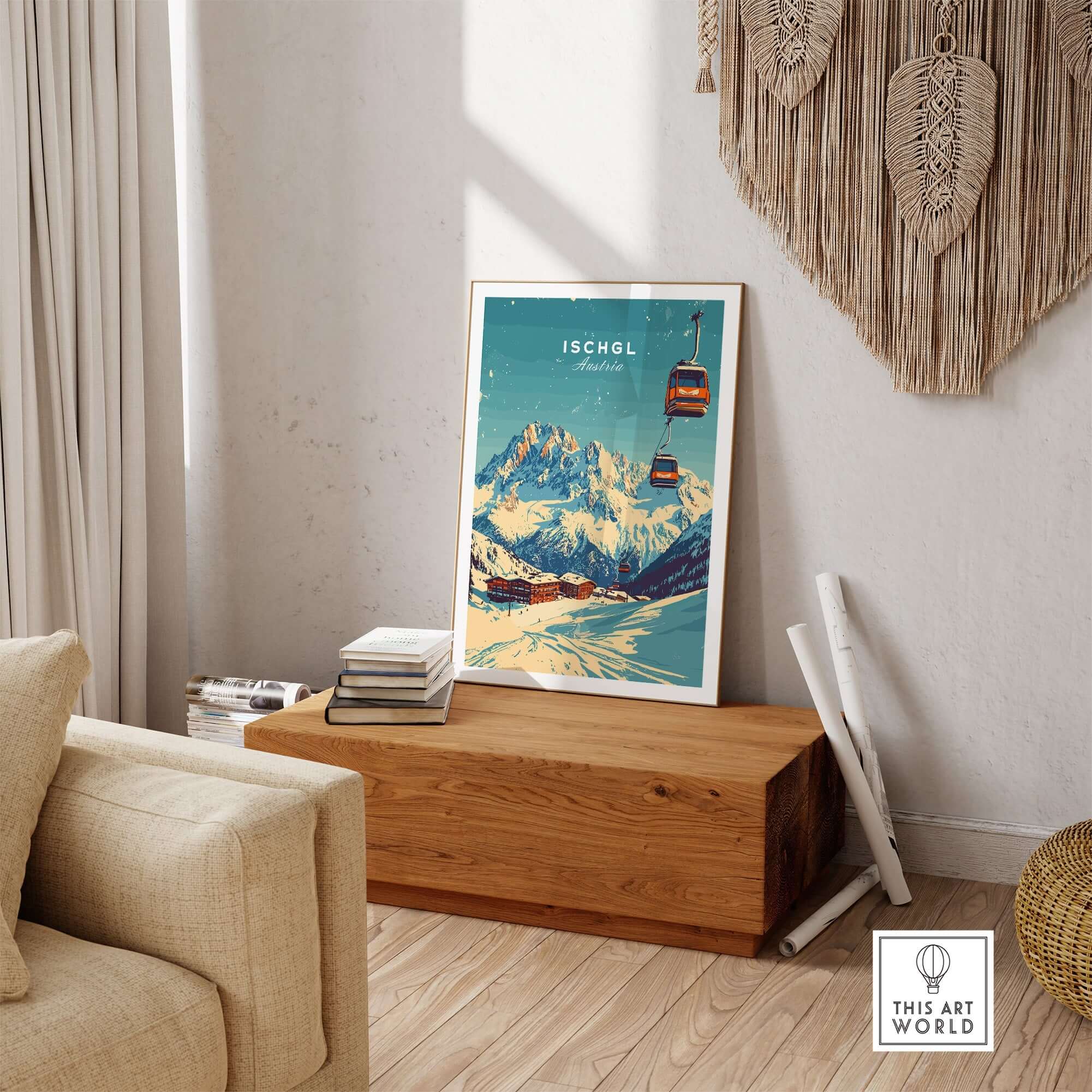 Ischgl Ski Print displayed in a stylish living room with mountain scenery and ski lift design. Perfect for ski enthusiasts.