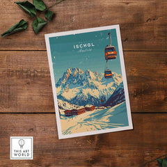 Ischgl Ski Print featuring gondolas over snowy mountains in Austria, perfect for inspiring ski adventures.