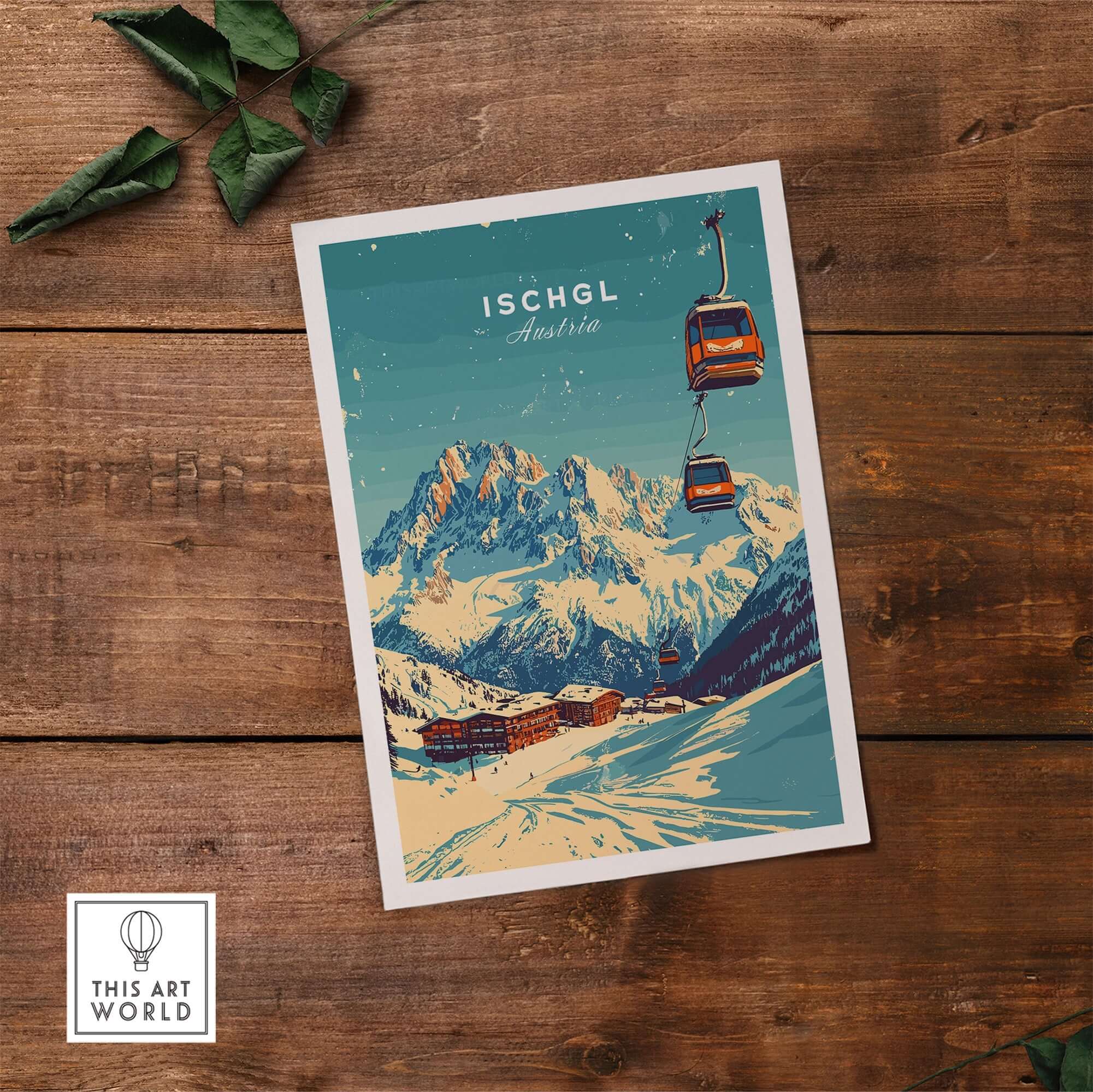 Ischgl Ski Print featuring gondolas over snowy mountains in Austria, perfect for inspiring ski adventures.