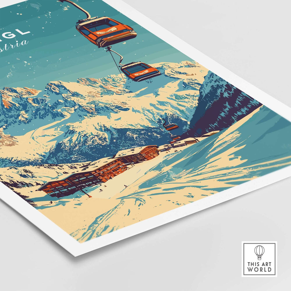 Vintage Ischgl Ski Print showcasing ski lifts and snowy mountains in Austria, perfect for inspiring ski adventure decor.