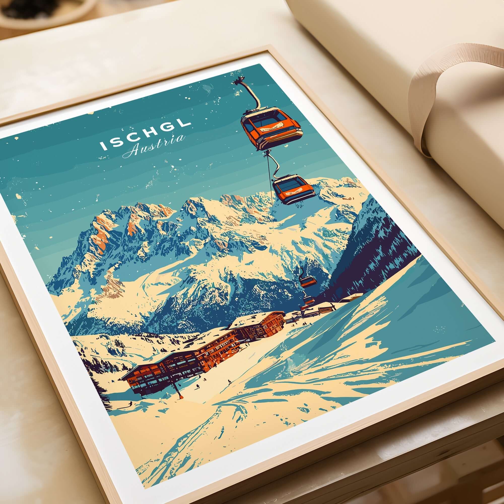 Ischgl ski print featuring scenic mountains and ski lift, capturing the beauty of Austria's Ischgl Ski Resort.