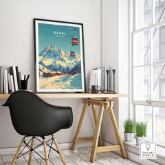 Ischgl Ski Print showcasing a mountain landscape and ski lift in a stylish home office setting.