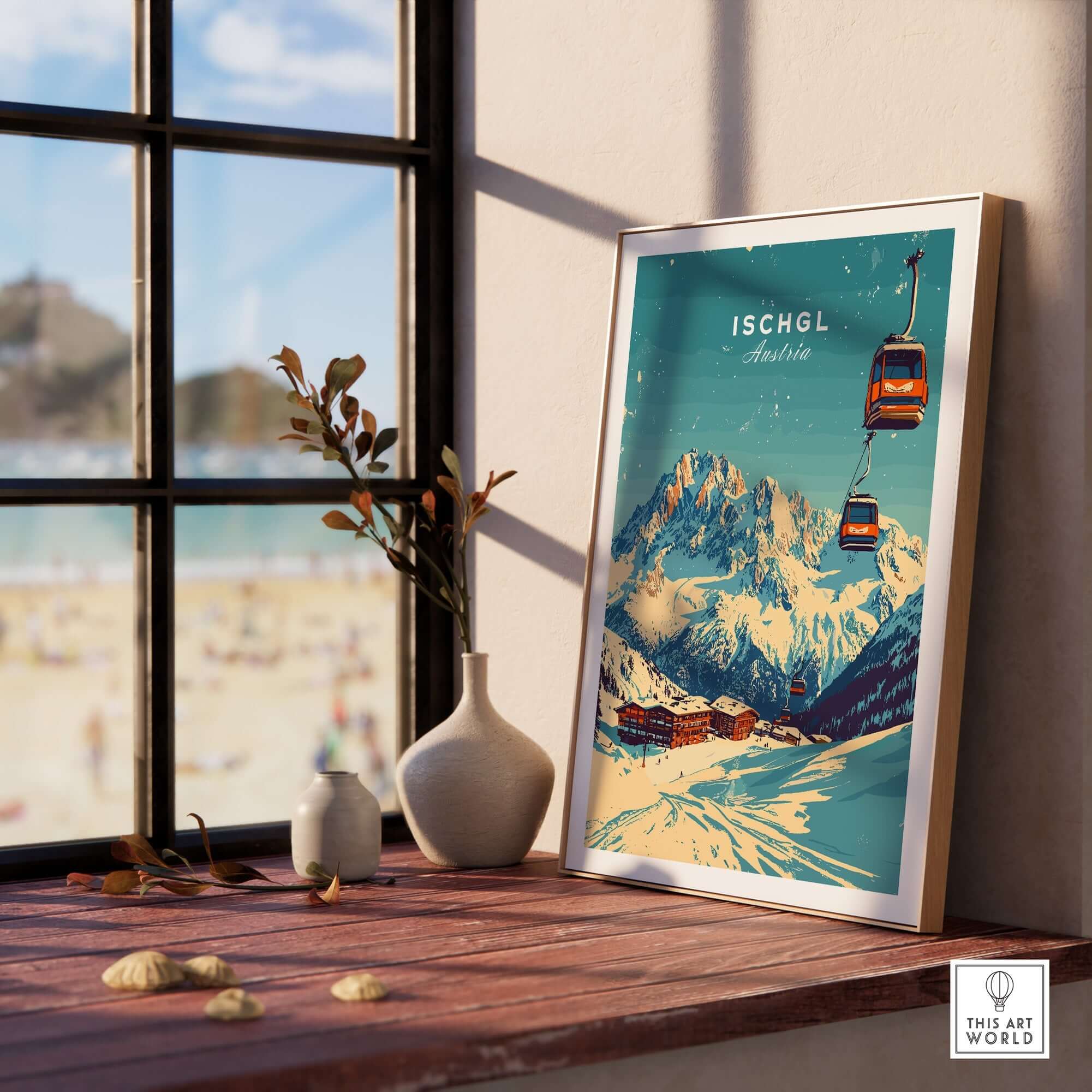 Ischgl Ski Print showcasing a scenic mountain view with ski lifts, perfect for home or office decor.