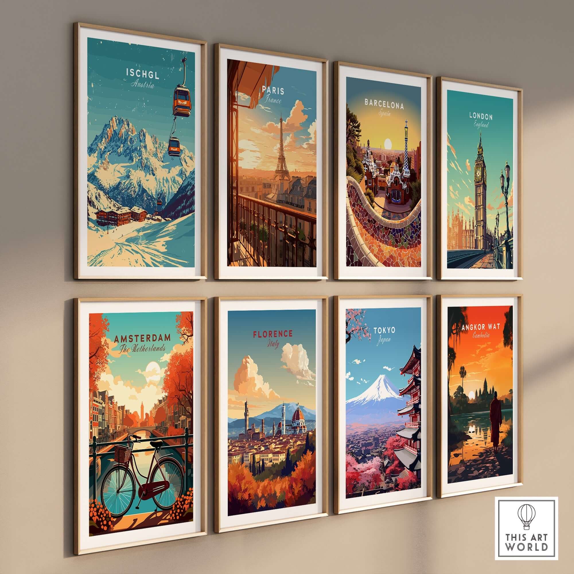 Colorful travel prints showcasing iconic landmarks of Ischgl, Paris, Barcelona, London, Amsterdam, Florence, Tokyo, and Angkor Wat.