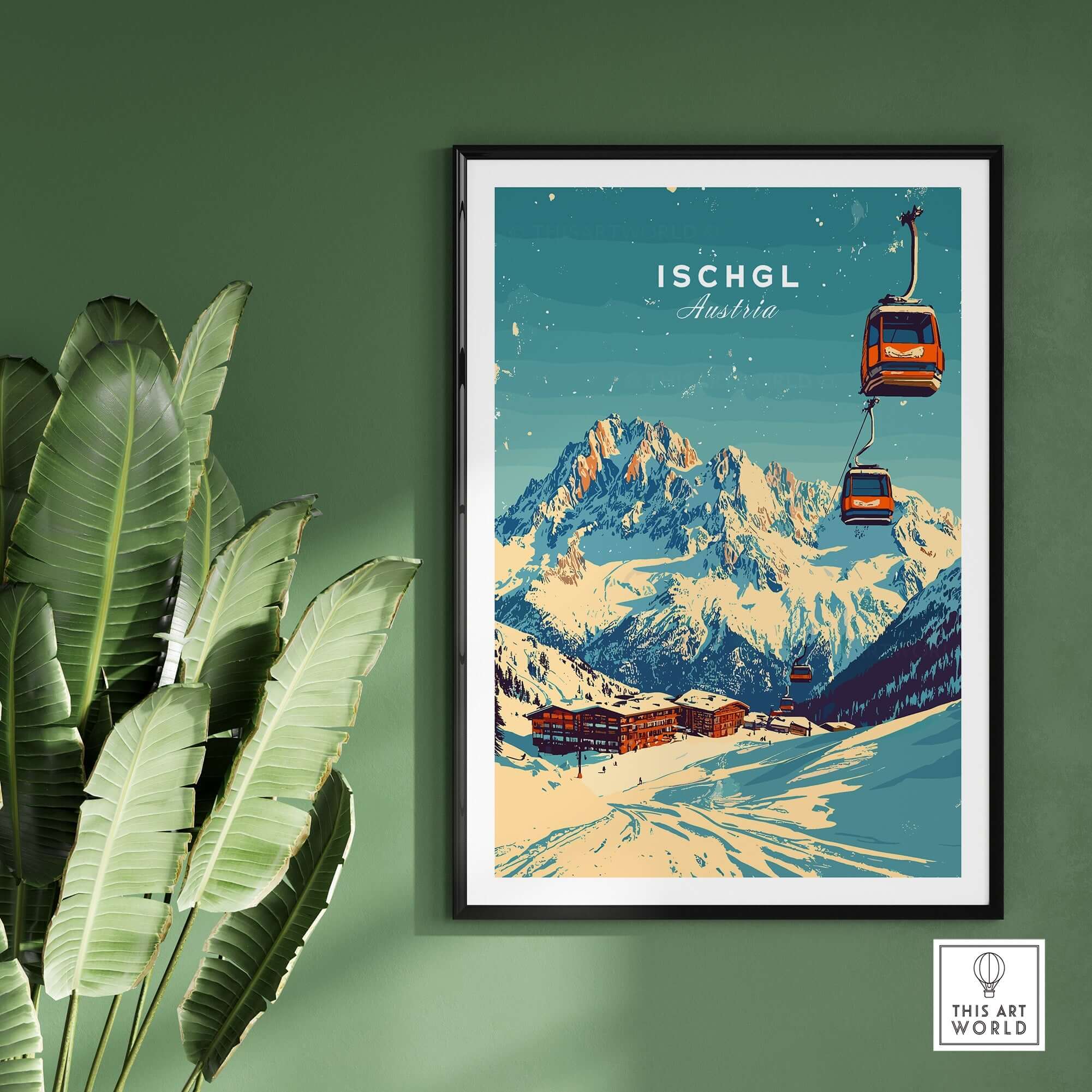 Ischgl Ski Print showcasing a cable car and snowy mountains in Austria, perfect for ski enthusiasts.