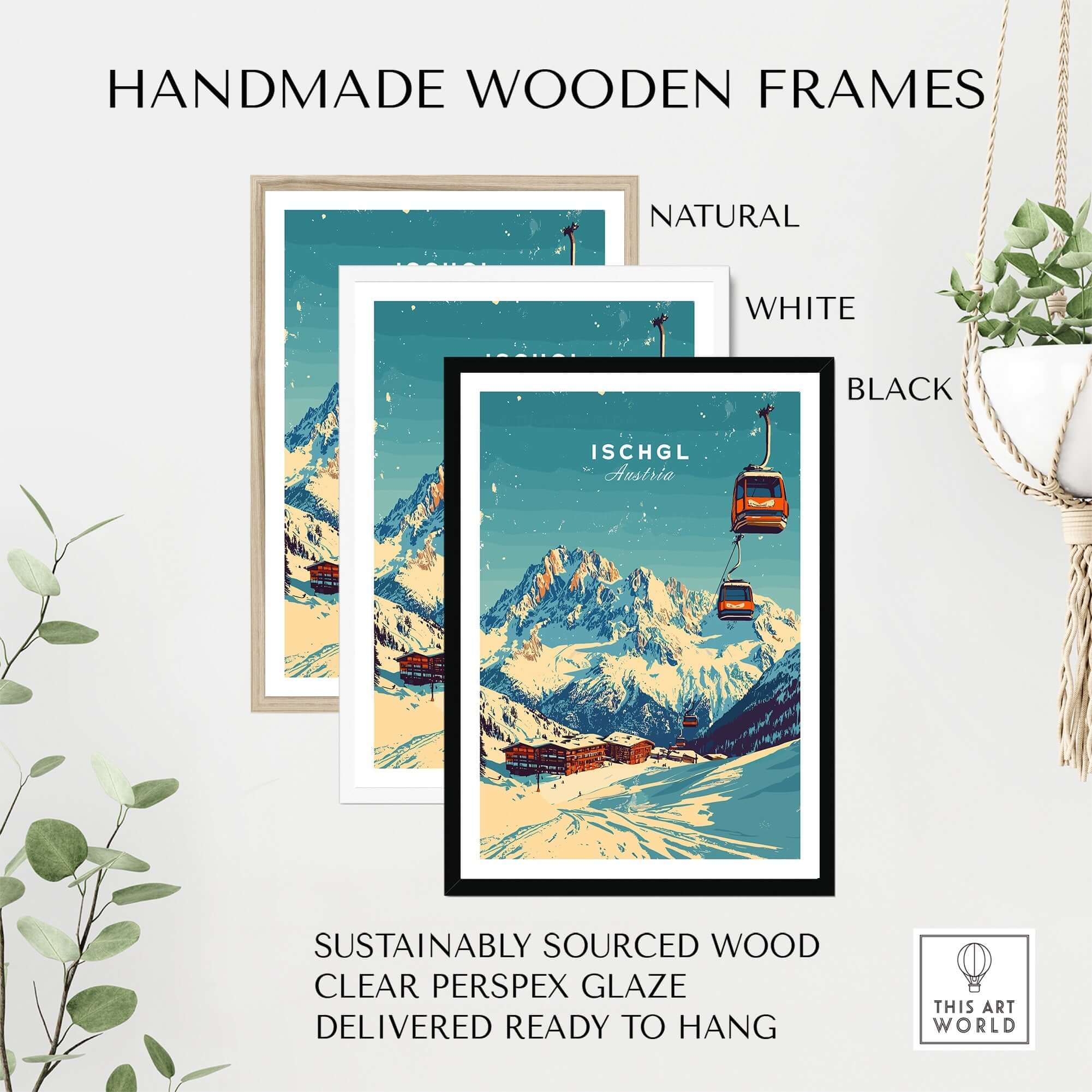 Handmade wooden frames in natural, white, and black for Ischgl Ski Print, made with sustainably sourced wood.