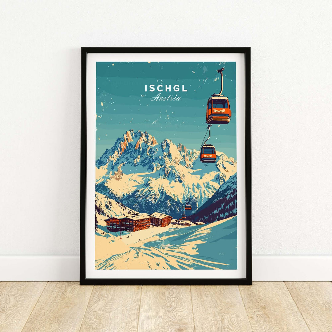 Vintage Ischgl Ski Print showcasing gondolas and mountains, capturing the essence of Austria's ski resort.