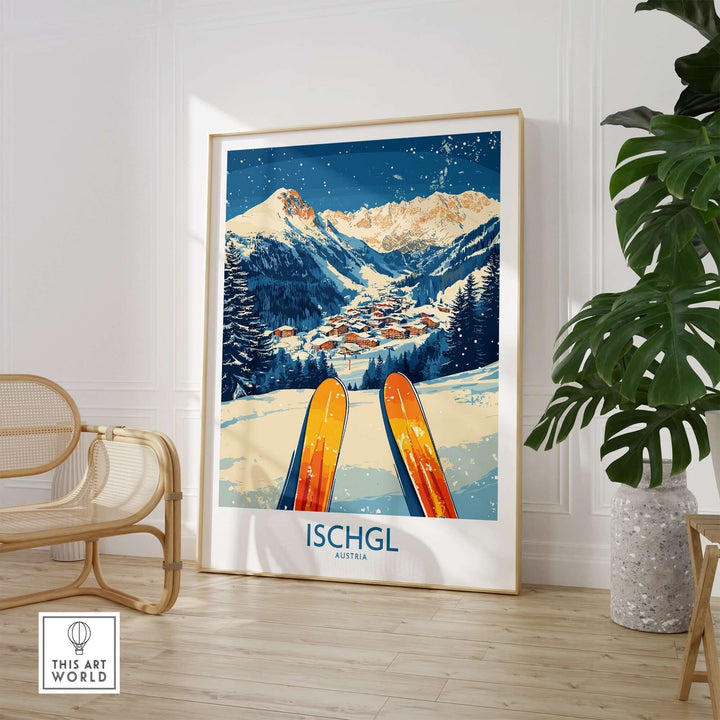 Ischgl Ski Wall Art Poster featuring a scenic mountain view and skis, perfect for ski enthusiasts to enhance their home decor.