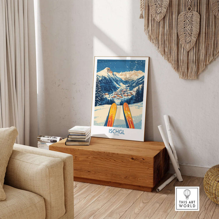 Ischgl Ski Wall Art Poster displayed in a cozy room, featuring vibrant colors and a mountain landscape. Perfect for ski enthusiasts.