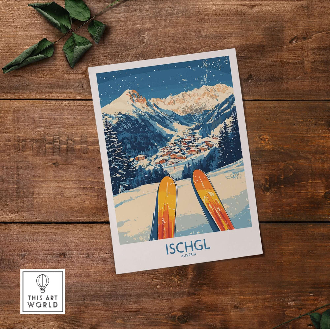 Ischgl ski wall art poster featuring vibrant mountains and skis, perfect for skiing enthusiasts and home decor.