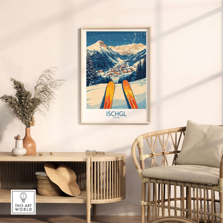 Ischgl Ski Wall Art Poster featuring vibrant skis against a snowy mountain backdrop, enhancing home decor for ski enthusiasts.