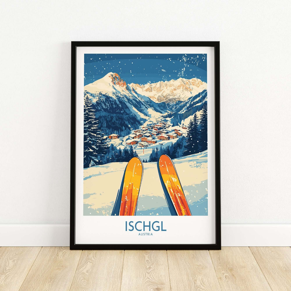 Ischgl ski wall art poster featuring snowy mountains and vibrant skis, perfect for winter sports enthusiasts.