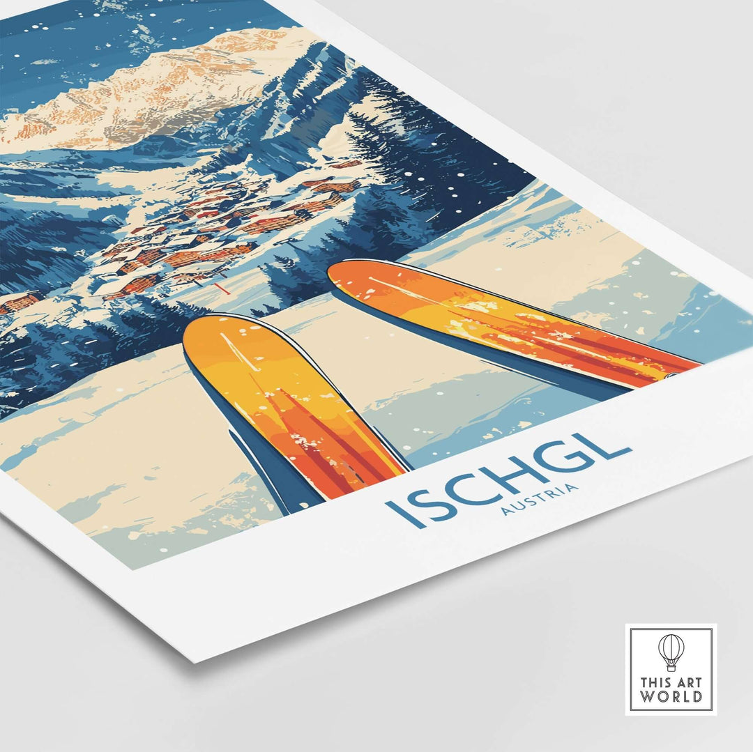 Ischgl ski wall art poster featuring vibrant orange skis against a snowy mountain backdrop in Austria. Perfect for ski enthusiasts.