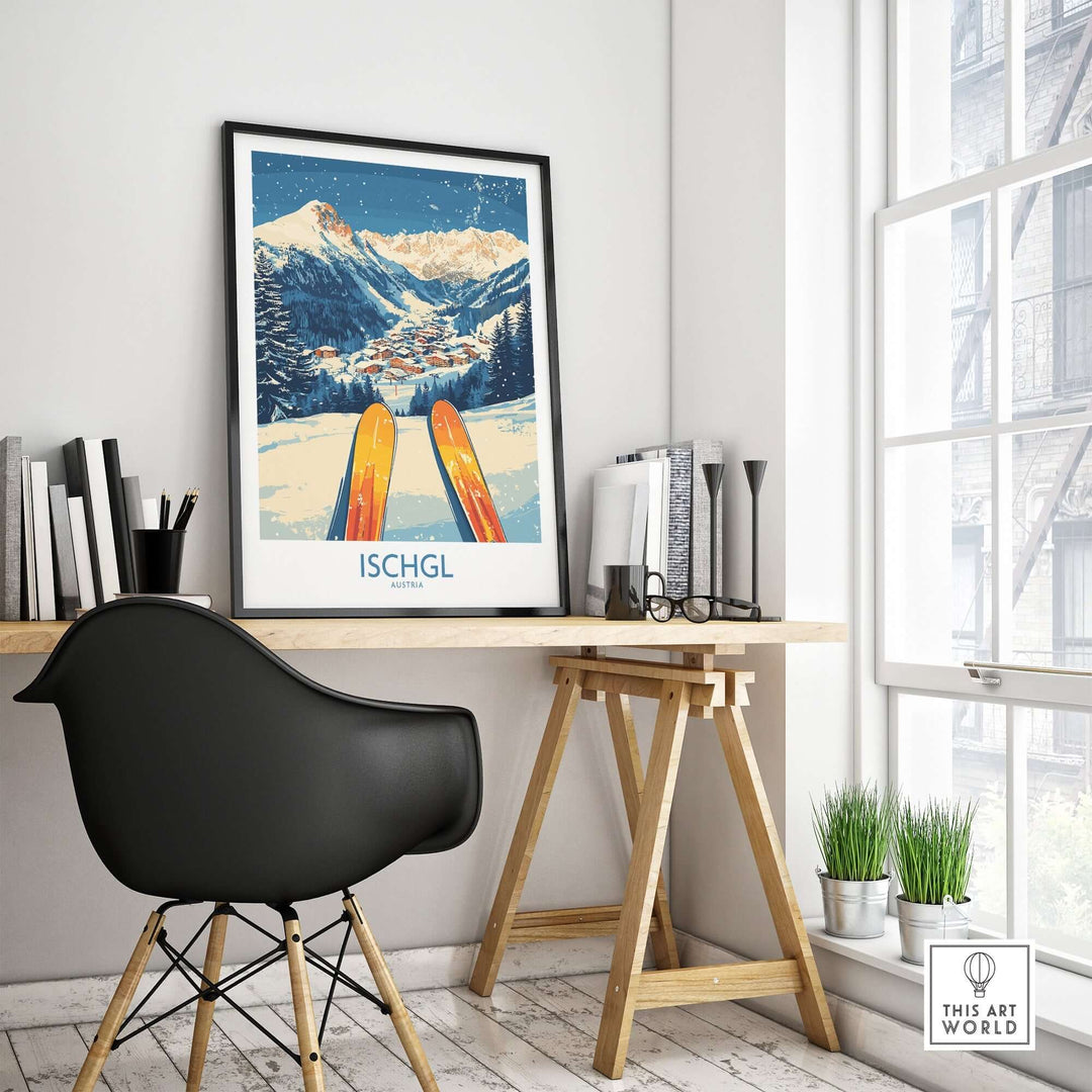 Ischgl Ski Wall Art Poster displayed in a stylish home office, featuring mountains and ski equipment. Perfect for ski lovers.