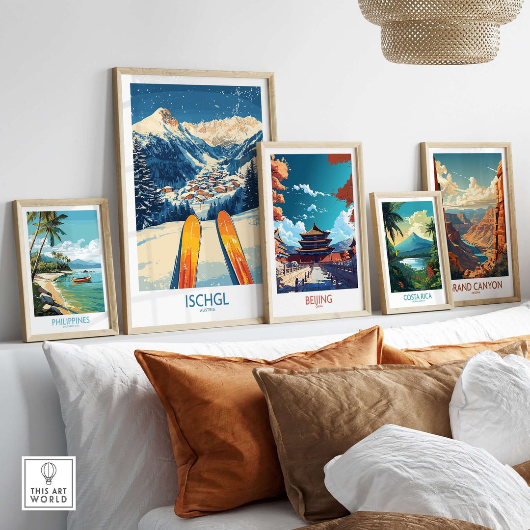 Ischgl Ski Wall Art Poster among travel destination art prints on a stylish sofa, showcasing mountain beauty and adventure themes.