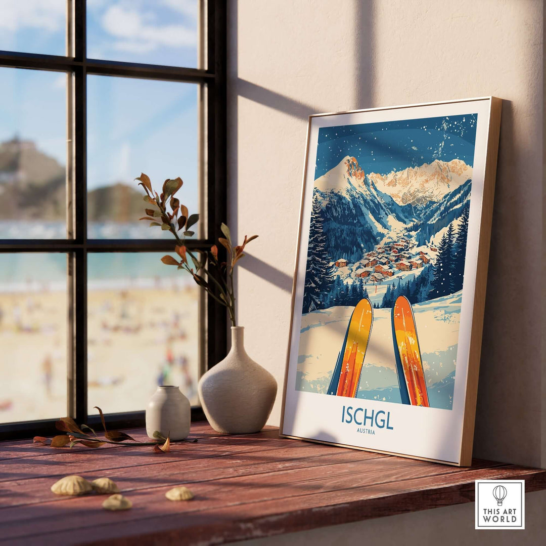 Ischgl Ski Wall Art Poster displayed in a stylish room with winter landscape and skiing gear, perfect for ski enthusiasts.