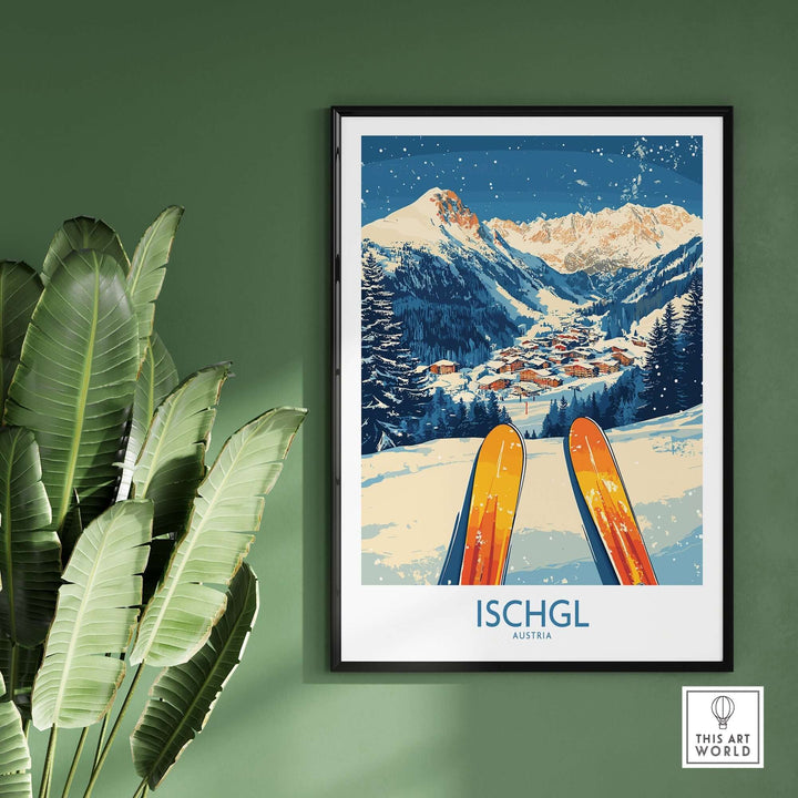 Ischgl Ski Wall Art Poster featuring vibrant ski scene and mountains, perfect for enhancing any skier's home decor.