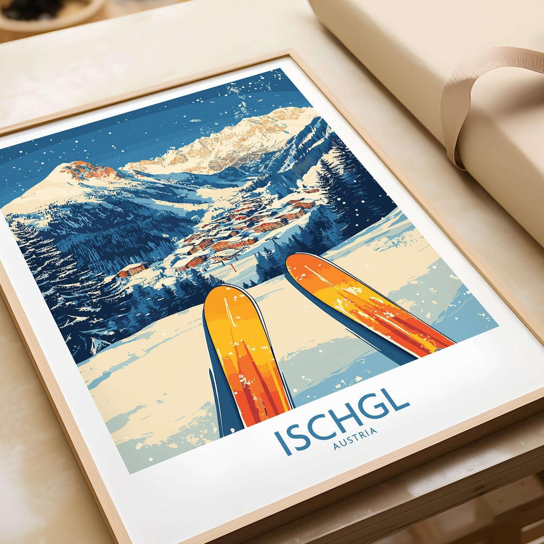 Ischgl Ski Wall Art Poster featuring vibrant skis and a picturesque mountain landscape in Austria, perfect for ski enthusiasts.