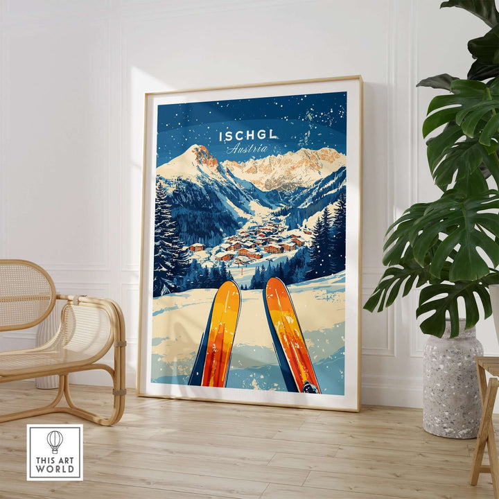 Ischgl Ski Wall Art Print featuring vibrant skis and a snowy mountain landscape, perfect for ski enthusiasts' home decor.