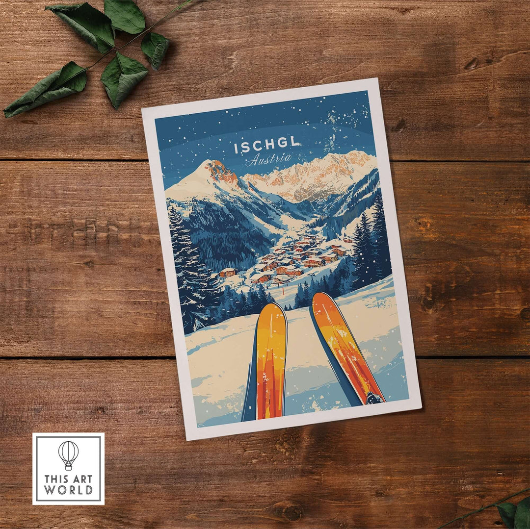 Ischgl ski wall art print featuring vibrant skis and a stunning mountain landscape, perfect for home decor enthusiasts.