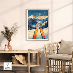 Ischgl Ski Wall Art Print showcasing vibrant skis in a mountain landscape, perfect for ski enthusiasts' home decor.