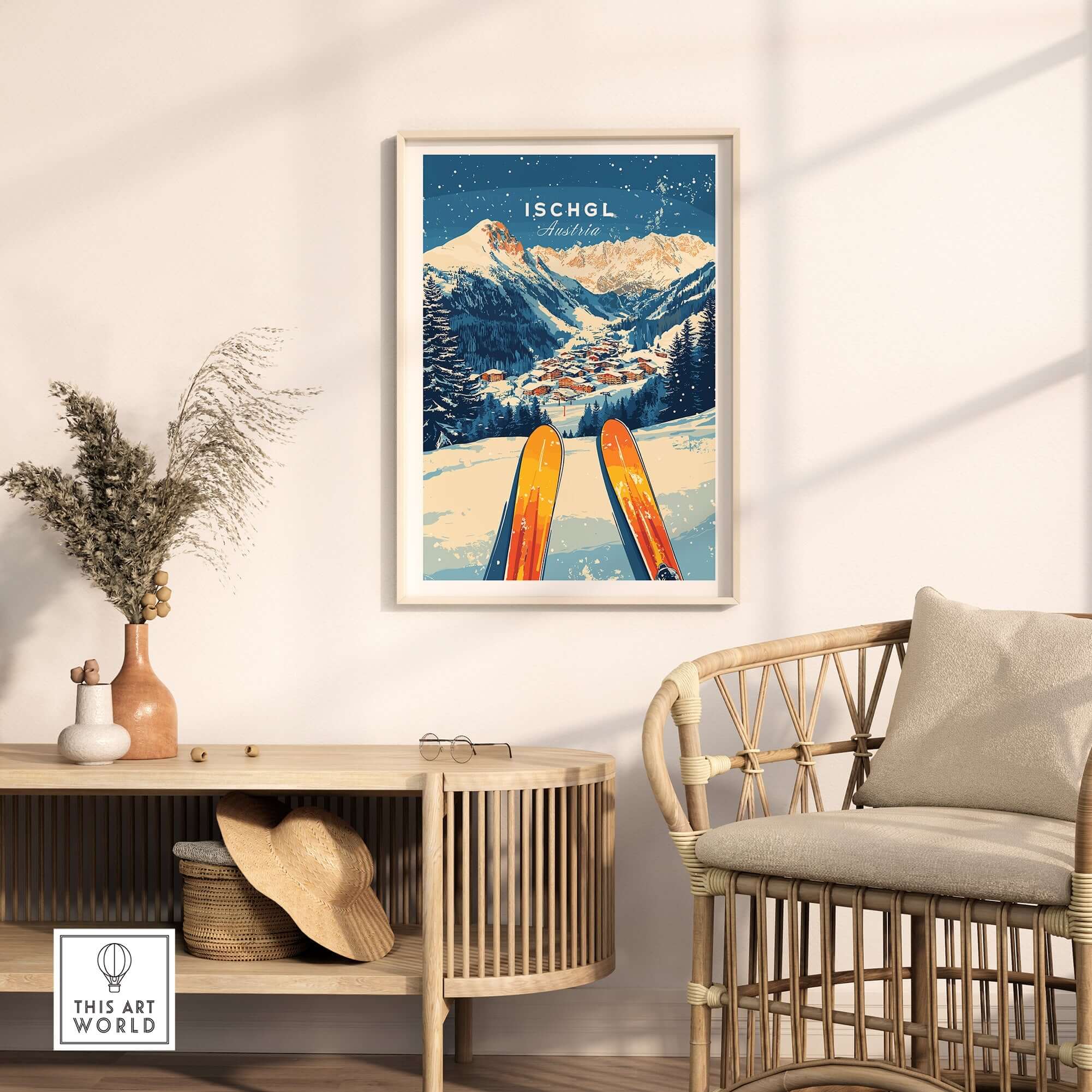 Ischgl Ski Wall Art Print showcasing vibrant skis in a mountain landscape, perfect for ski enthusiasts' home decor.