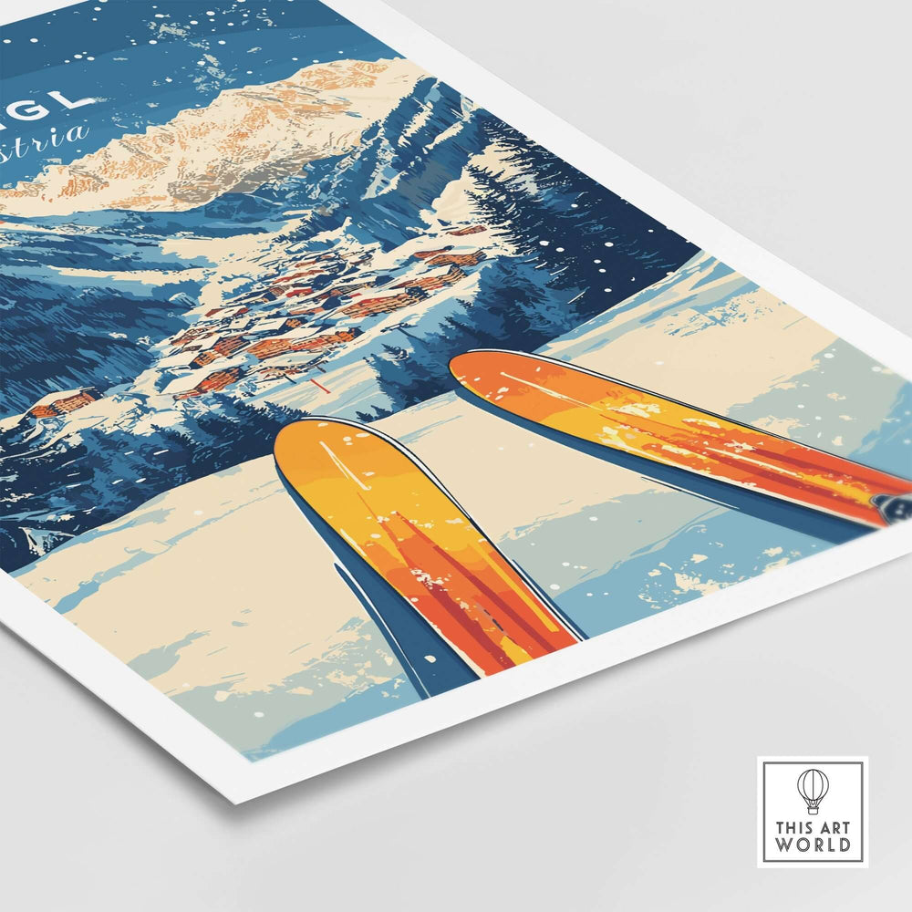 Ischgl Ski Wall Art Print featuring vibrant skis, snow-covered mountains, and a charming resort scene for ski enthusiasts.