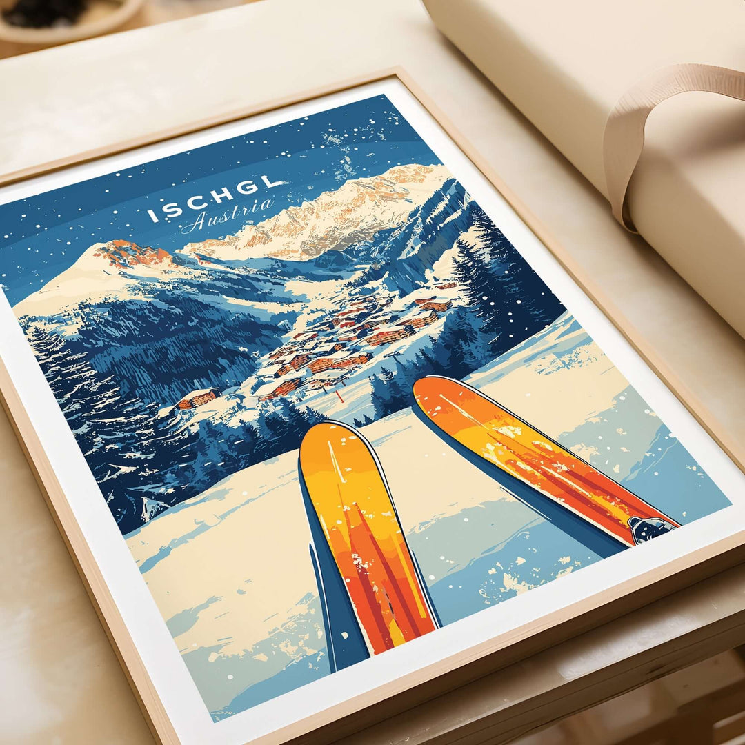 Ischgl Ski Wall Art Print featuring vibrant ski gear in front of a stunning mountain landscape and snowy village in Austria.