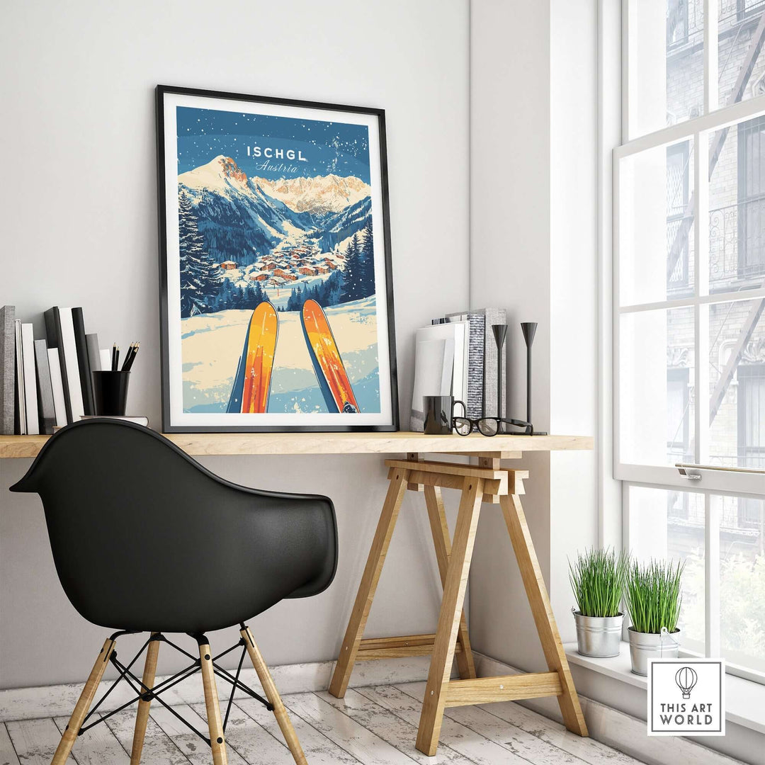 Ischgl Ski Wall Art Print displayed in a modern home office with skis and a scenic mountain view in the background.