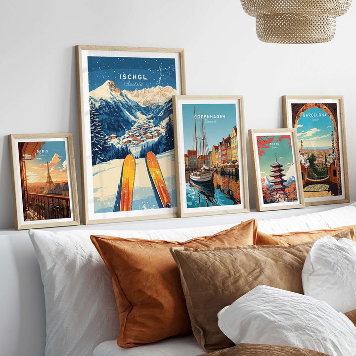 Ischgl Ski Wall Art Print displayed in a stylish home setting with decorative pillows and other art prints.