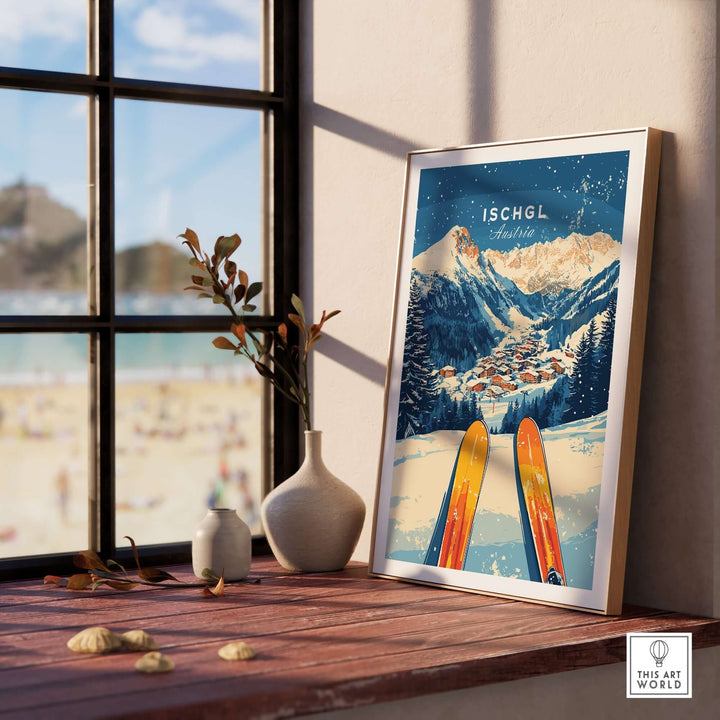 Ischgl Ski Wall Art Print showcasing a mountain landscape and vibrant skis in a sunlit room, perfect for ski enthusiasts.