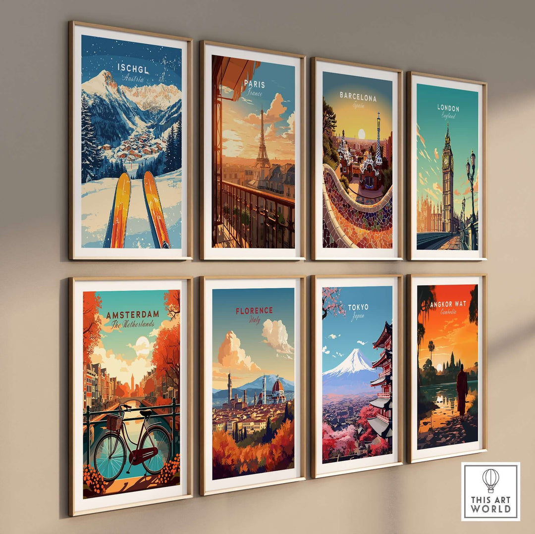 Colorful wall art prints featuring iconic cities including Ischgl, Paris, Barcelona, London, Amsterdam, Florence, Tokyo, and Angkor Wat.