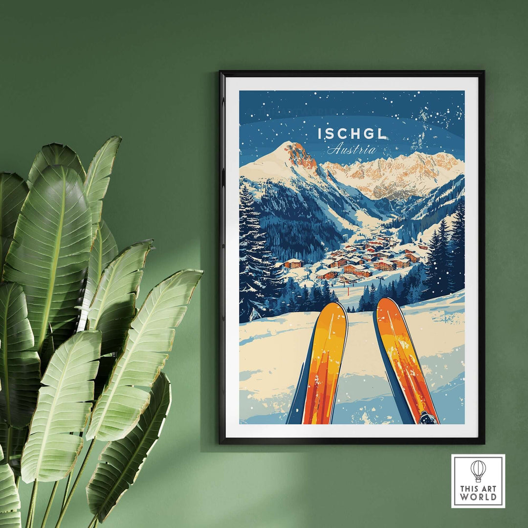 Ischgl ski wall art print featuring vibrant skis and a stunning mountain landscape, perfect for ski enthusiasts and home decor.