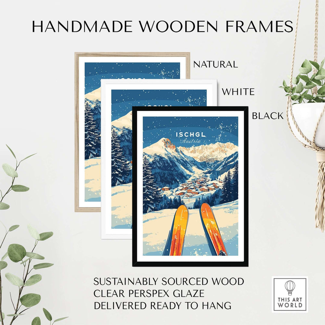 Handmade wooden frames in natural, white, and black for Ischgl Ski Wall Art, made from sustainably sourced wood.