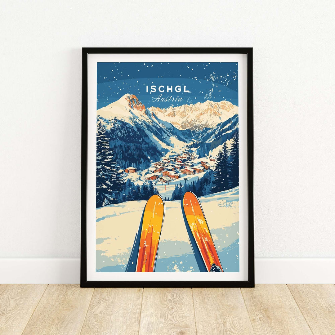 Ischgl Ski Wall Art Print featuring vibrant skis and a stunning mountain landscape, perfect for ski enthusiasts' decor.