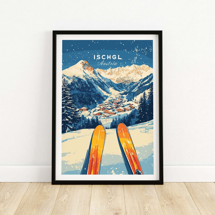 Ischgl Ski Wall Art Print featuring vibrant skis and a stunning mountain landscape, perfect for ski enthusiasts' decor.