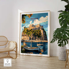Ischia Travel Print Italy showcasing a beautiful coastal landscape of Ischia with vibrant colors and boats.