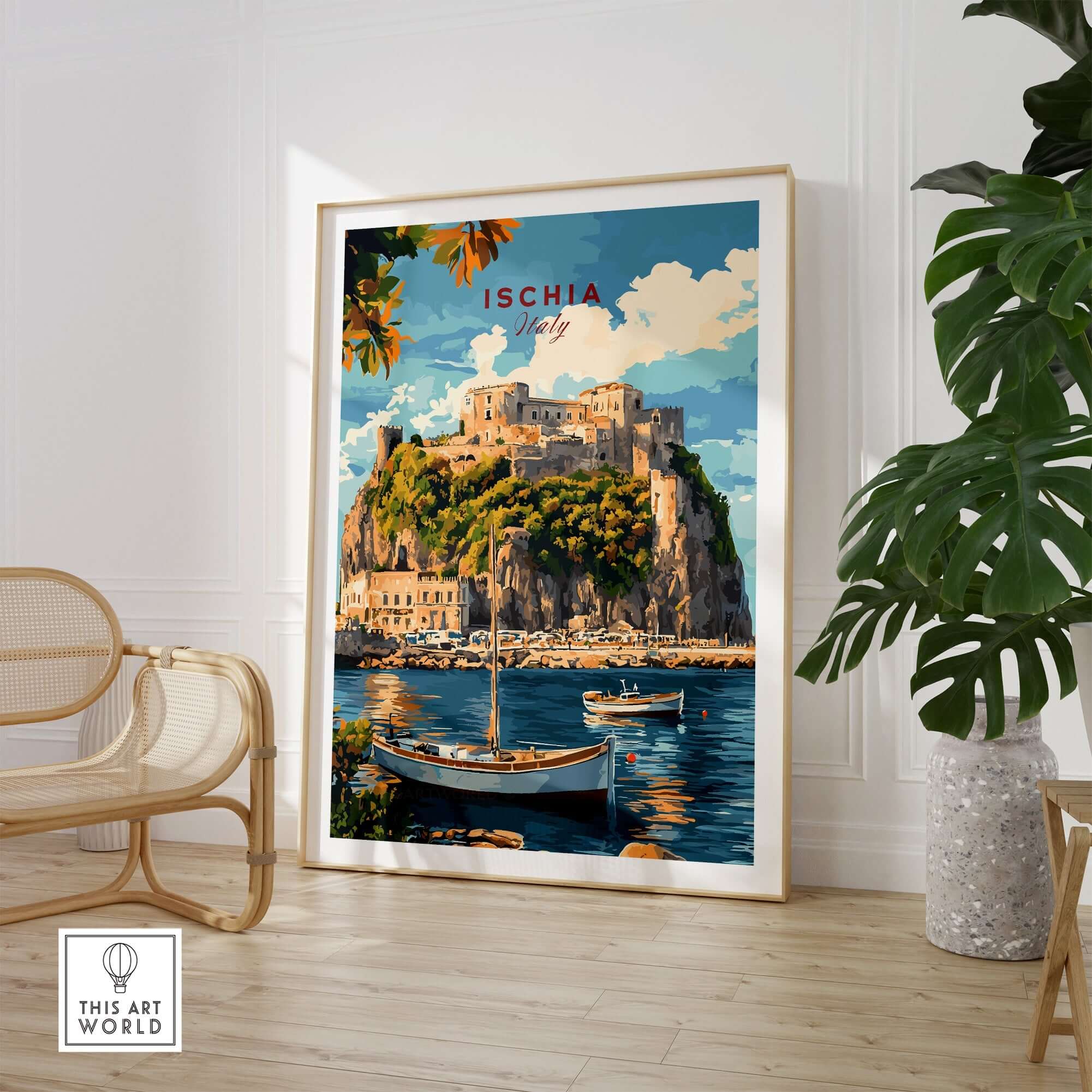 Ischia Travel Print Italy showcasing a beautiful coastal landscape of Ischia with vibrant colors and boats.