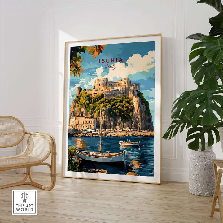 Ischia Travel Print featuring a coastal view of Ischia island, Italy, framed in a modern decor setting.