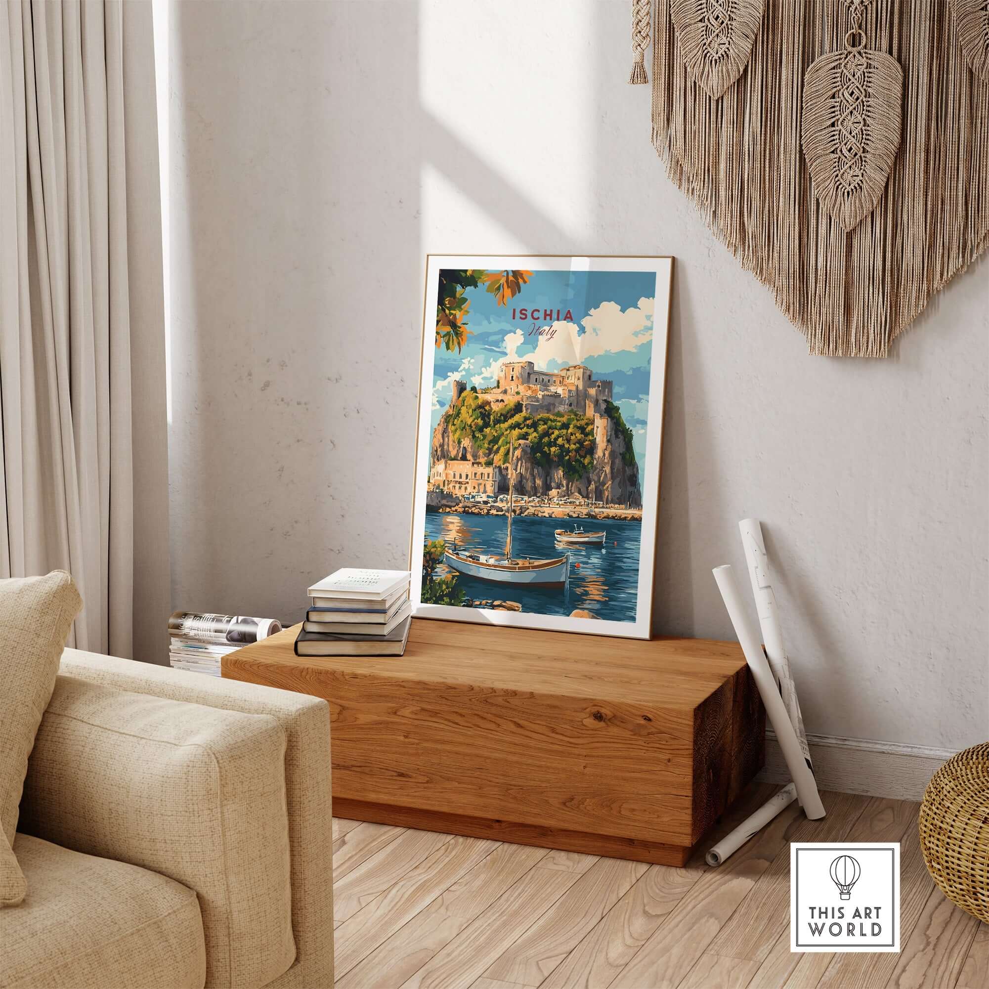 Ischia Travel Print Italy displayed in a stylish home interior with wooden furniture and a calm seaside view.