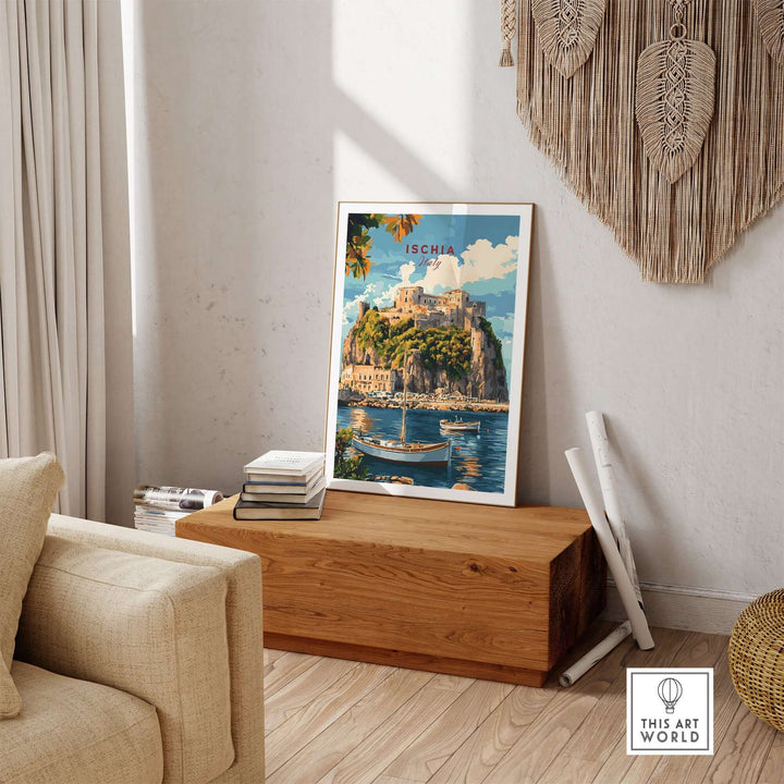 Ischia Travel Print displayed in a cozy living room, showcasing the beauty of Italy's island scenery.