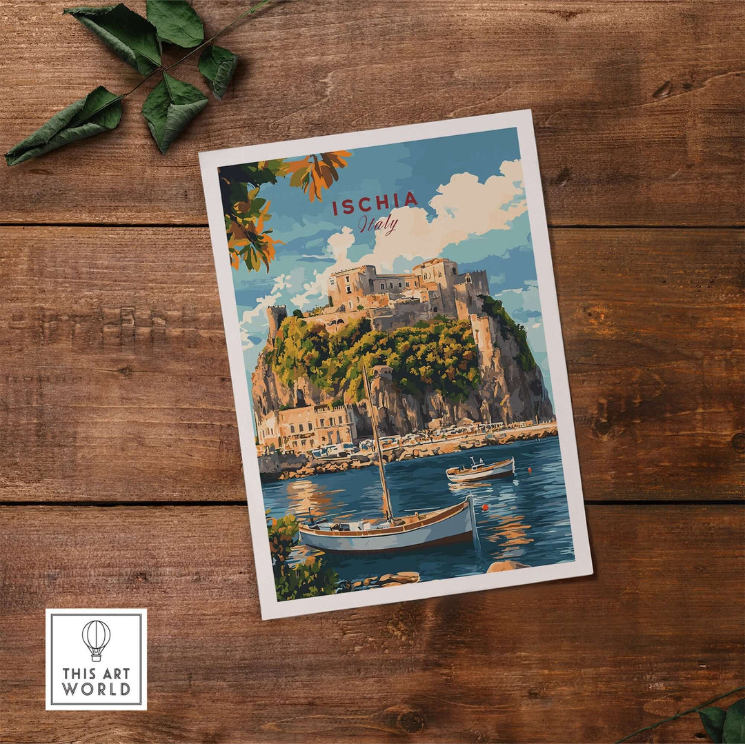 Ischia Travel Print showcasing vibrant artwork of Ischia, Italy with a scenic coastal view and historic castle.