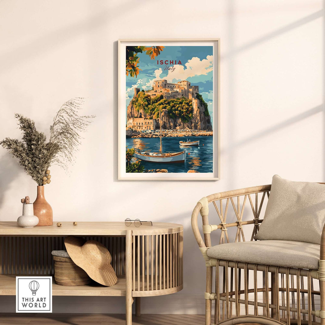 Ischia Travel Print showcasing a picturesque coastal view with a boat and castle in a stylish home setting.