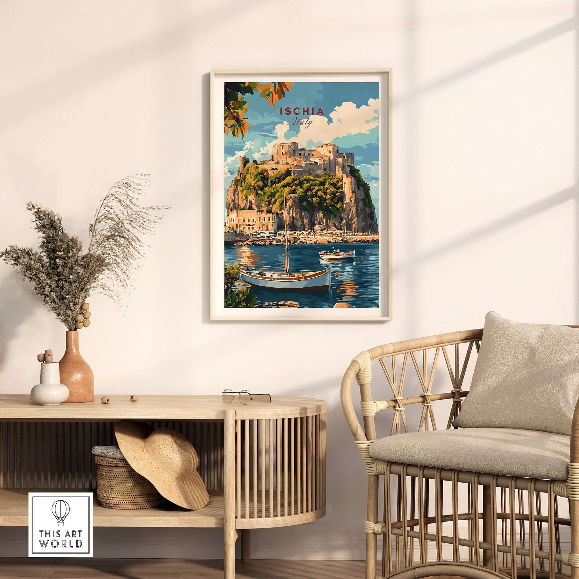 Ischia Travel Print Italy showcasing a scenic view of Ischia island with a boat and castle.