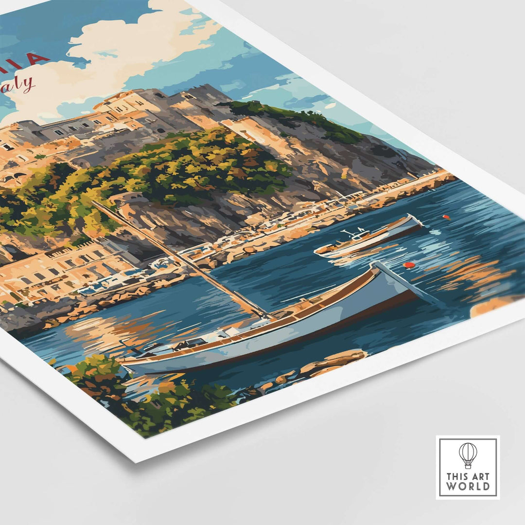 Ischia Travel Print showcasing the beautiful island of Ischia, Italy with boats and scenic cliffs. Perfect for art lovers.