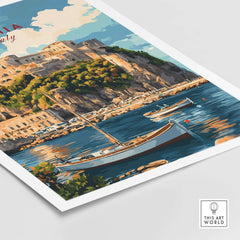 Ischia Travel Print Italy featuring a scenic view of boats and a castle on the island of Ischia.