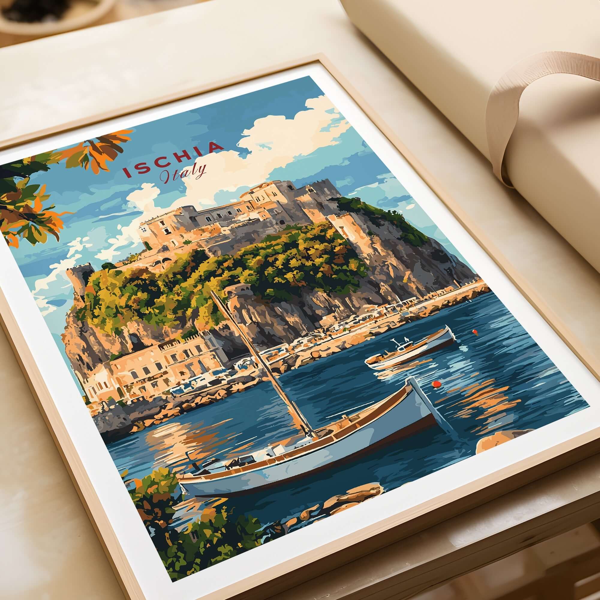 Ischia Travel Print Italy showcasing the beautiful island of Ischia with boats and a stunning coastal view.