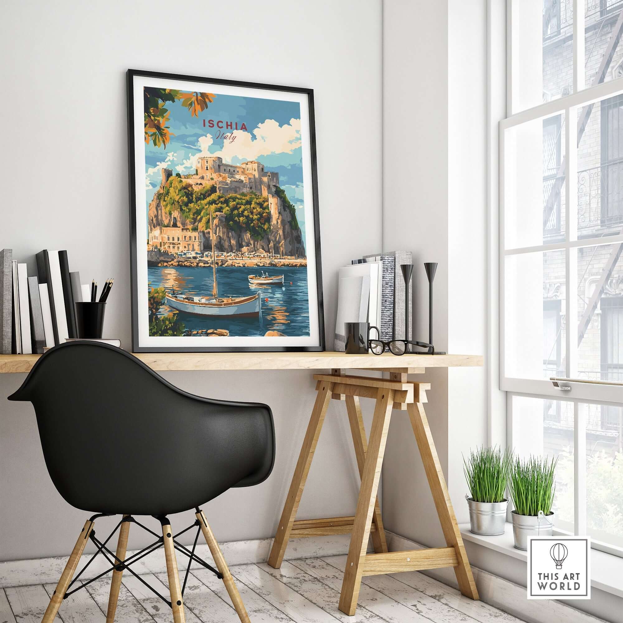 Ischia Travel Print Italy framed in a stylish home office setting, showcasing the beauty of Ischia.