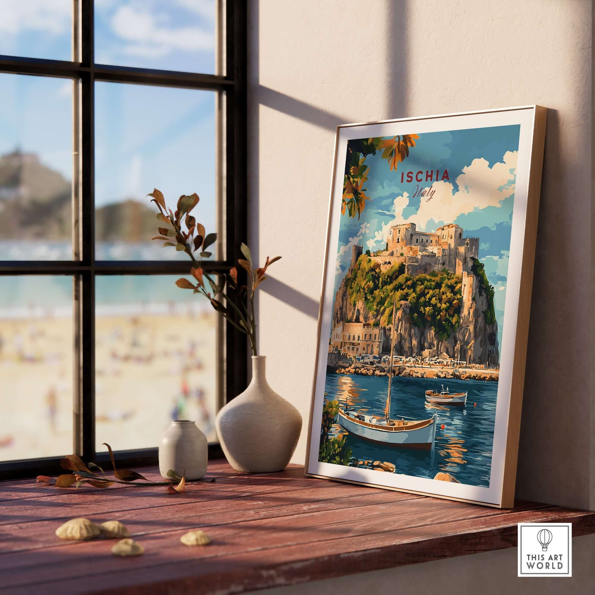Ischia Travel Print Italy displayed on a windowsill with a beach view, showcasing the beauty of Ischia island.
